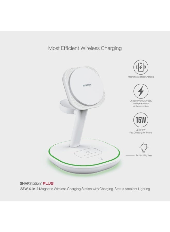 MICRODIA SNAPStation PLUS 23W 4-in-1 Magnetic Wireless Charging Station, Magsafe Wireless Charger Stand for iPhone, AirPods & Watch with Fast Charging – White - Image 4
